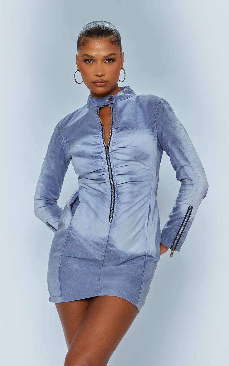 Blue Acid Wash Zip Up Long Bodycon Dress Product Image