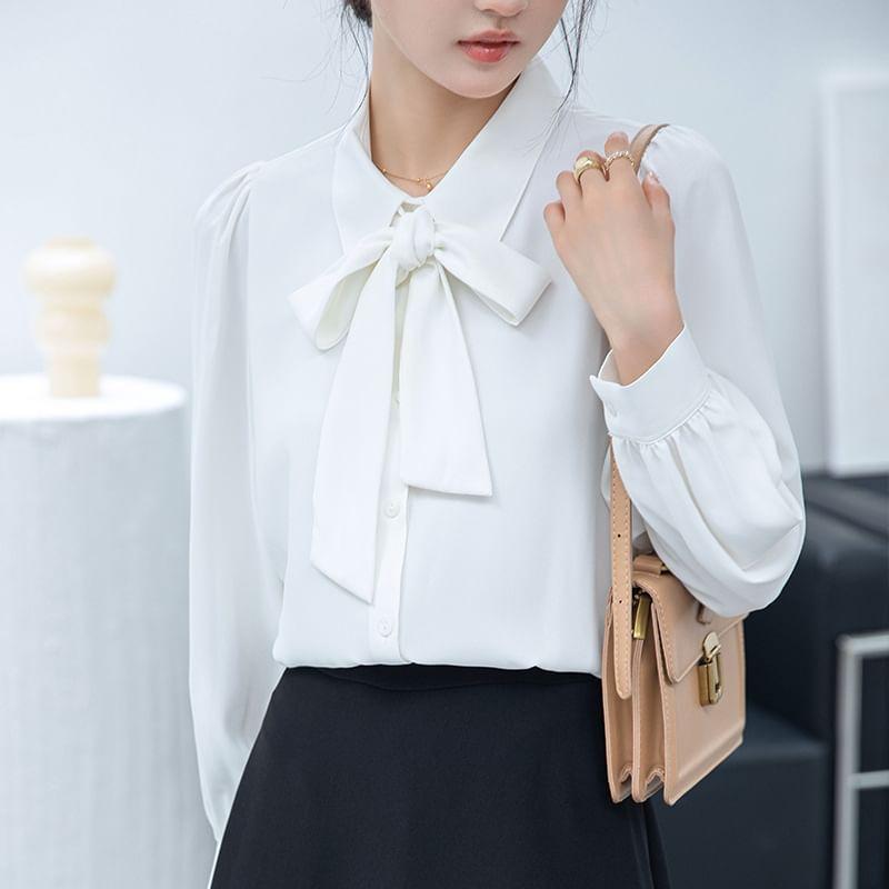 Long-Sleeve Ribbon Neck Plain Blouse Product Image