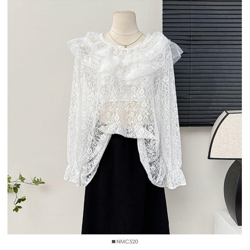 Overfit Ruffled Sheer Lace Blouse Product Image