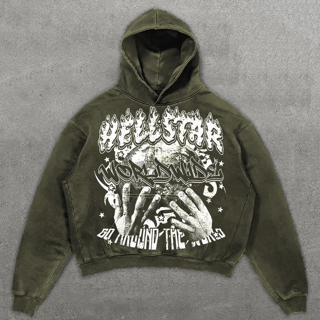 Vintage Hellstar Worldwide Casual Graphic Acid Washed Oversized Hoodie Product Image