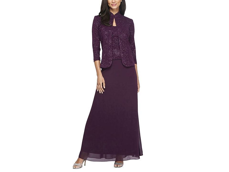 Alex Evenings Long Jacquard Knit Jacket Dress with Mandarin Collar Jacket (Eggplant) Women's Dress Product Image