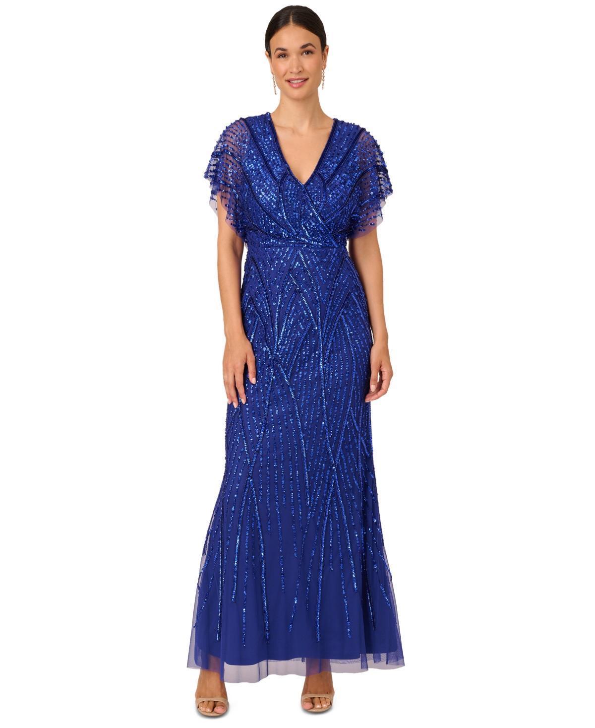 Adrianna Papell Beaded V-Neckline Short Sleeve Gown Product Image