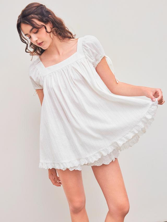 100% Recycled Cotton Square Neck Solid Ruffle Knotted Short Sleeve Blouse Product Image