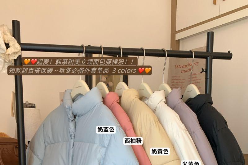 Stand Collar Plain Button-Up Crop Puffer Jacket Product Image