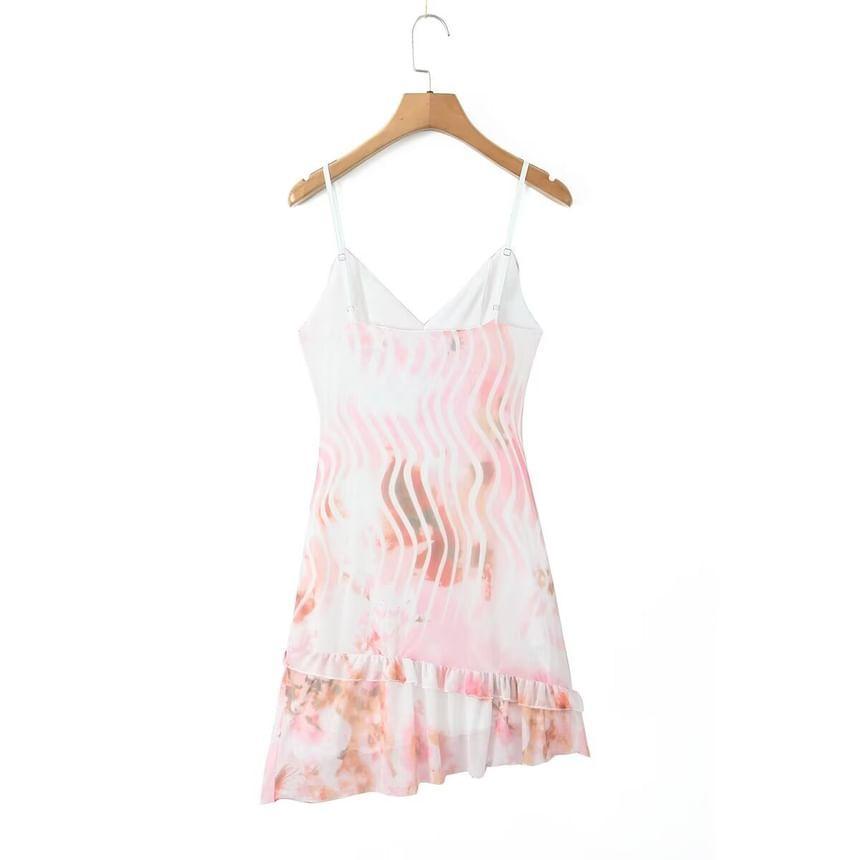 Spaghetti Strap V-Neck Print Asymmetrical Mini A-Line Dress Product Image