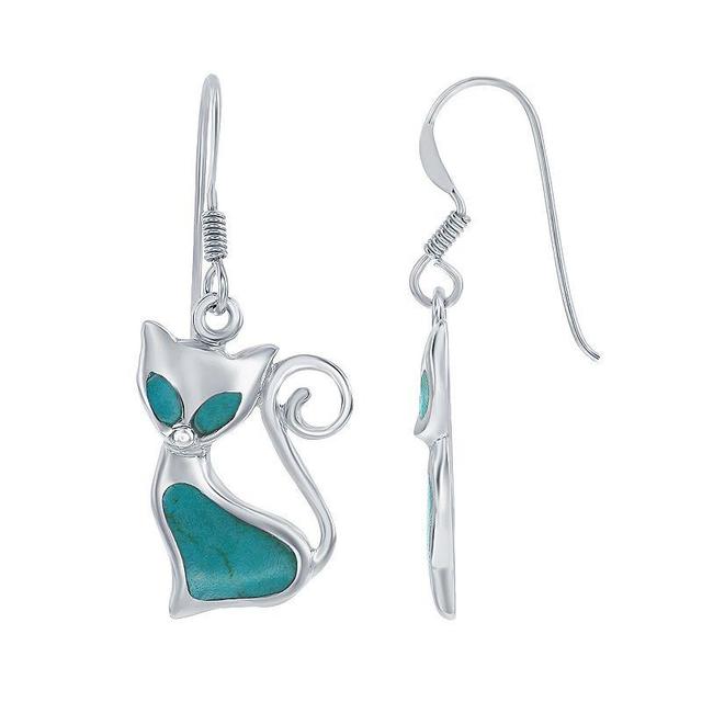 Sterling Silver Simulated Turquoise Cat Earrings, Womens Product Image