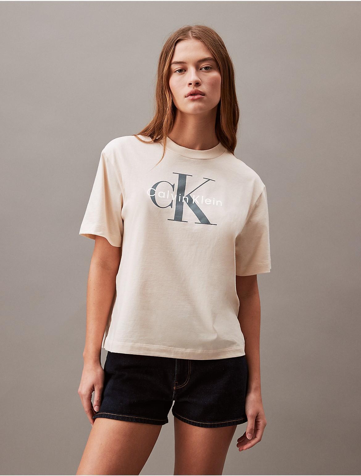 Calvin Klein Womens Monogram Logo Boxy Crewneck T-Shirt - Blue - M Product Image