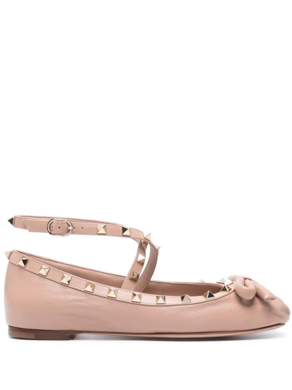 Rockstud Leather Ballerina Shoes In Pink Product Image