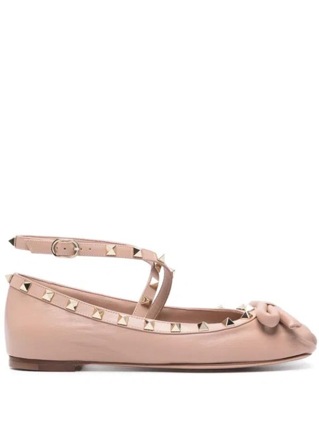 VALENTINO GARAVANI Rockstud Satin Ballerina Flats In Rose Cannelle Product Image