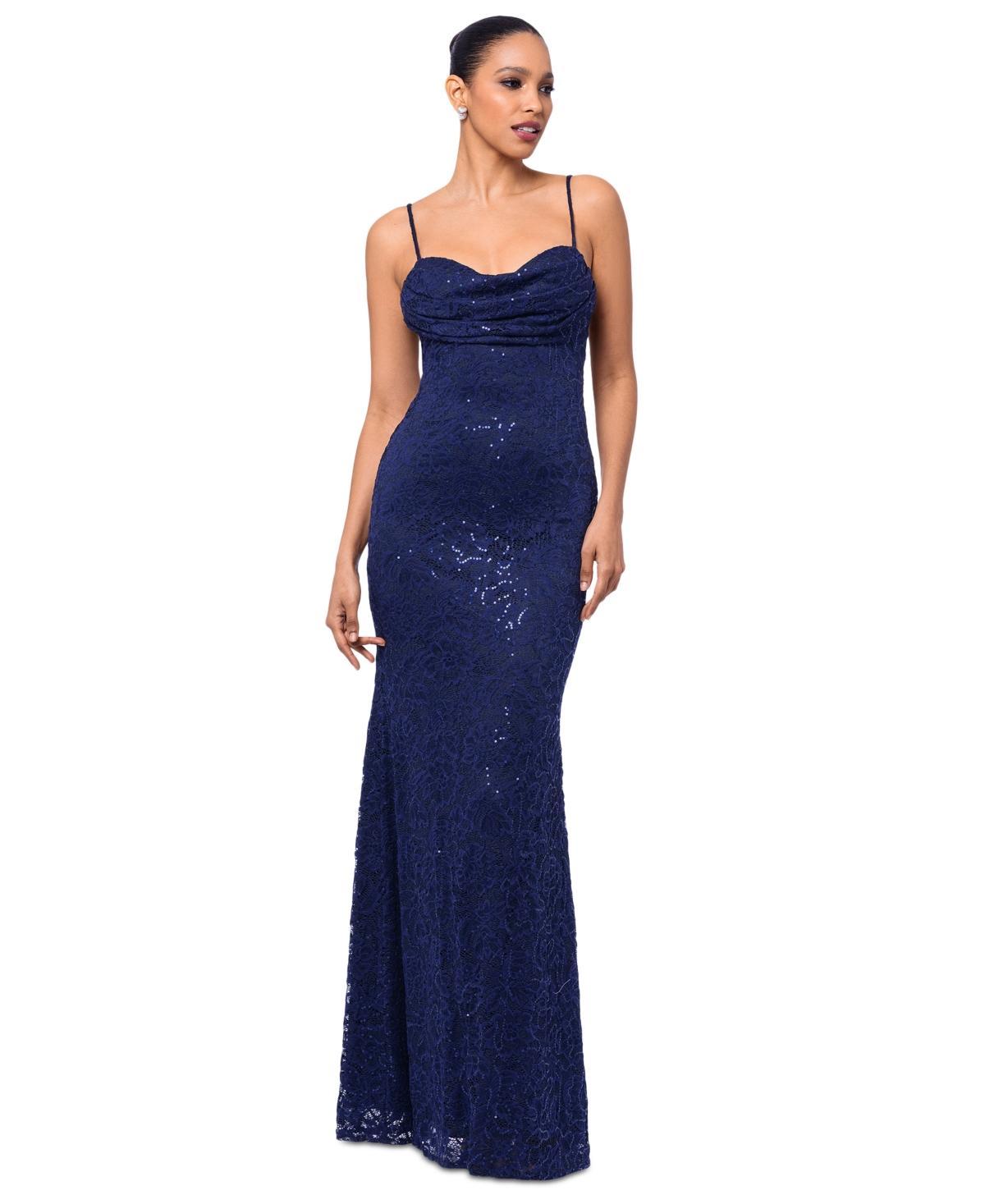 Betsy & Adam Womens Sequin Lace Draped Sleeveless Gown Product Image