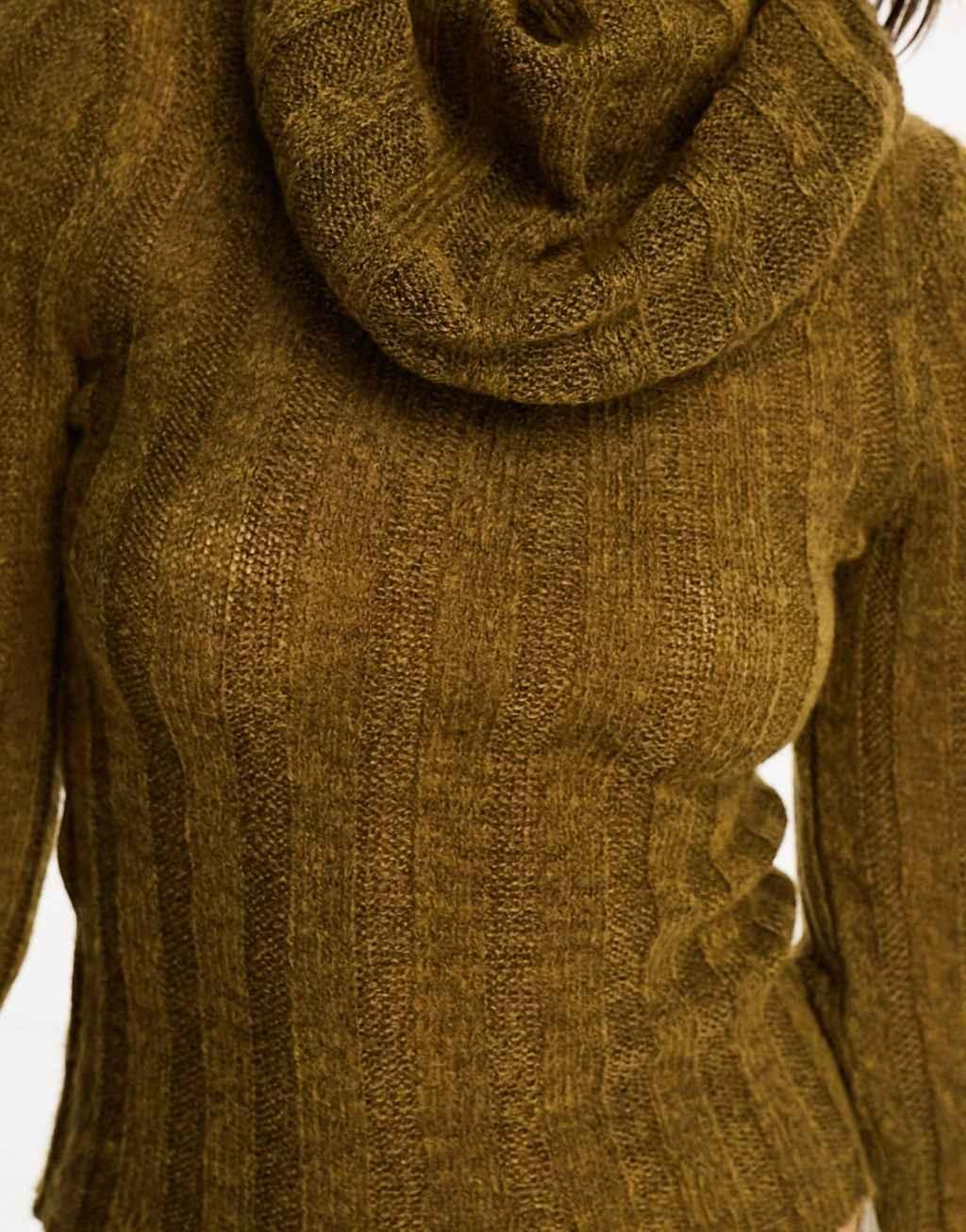 ASOS DESIGN knitted top with cowl neck and hood in rib in khaki Product Image