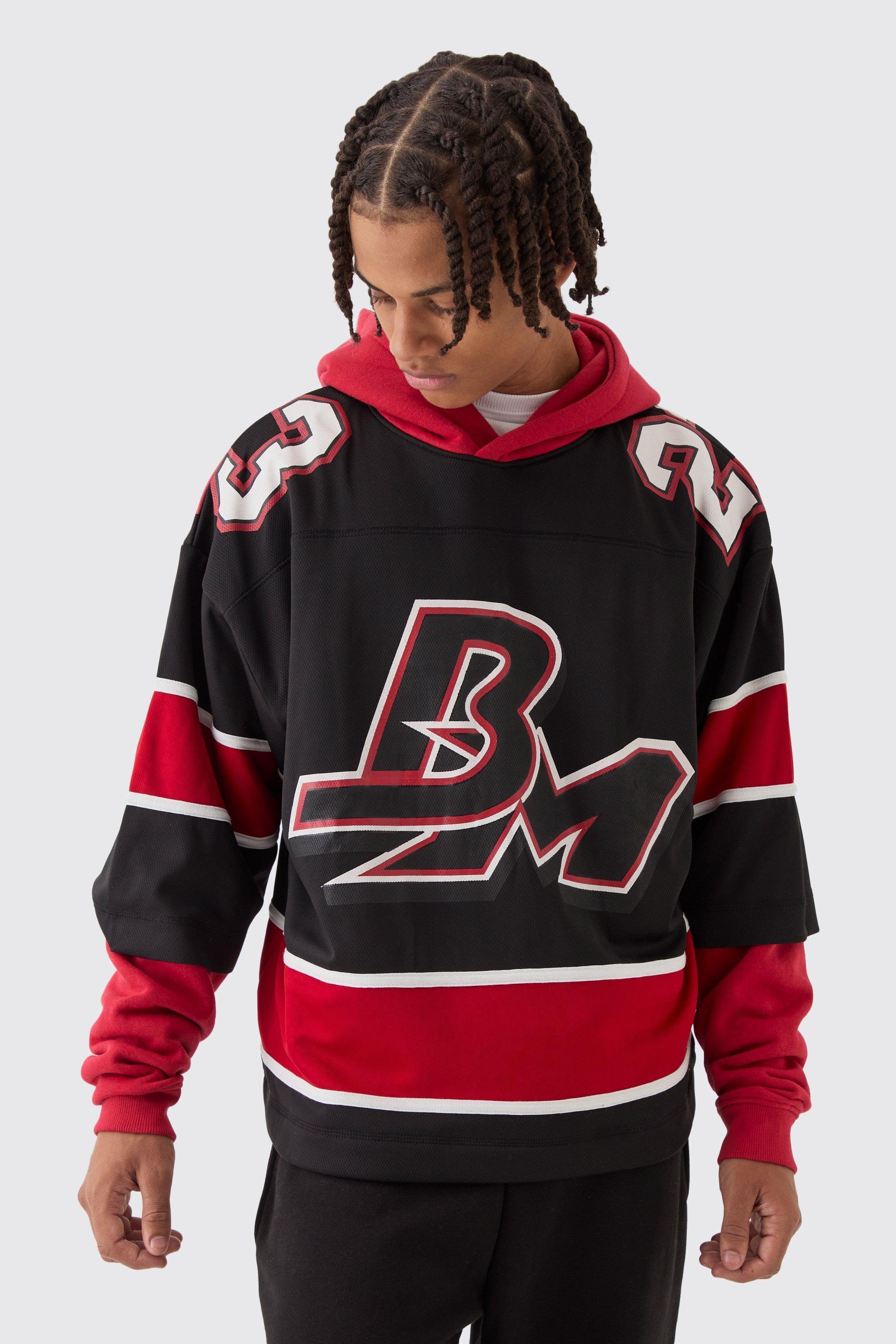 Oversized Mesh Layer Hockey Hoodie | boohooMAN USA Product Image