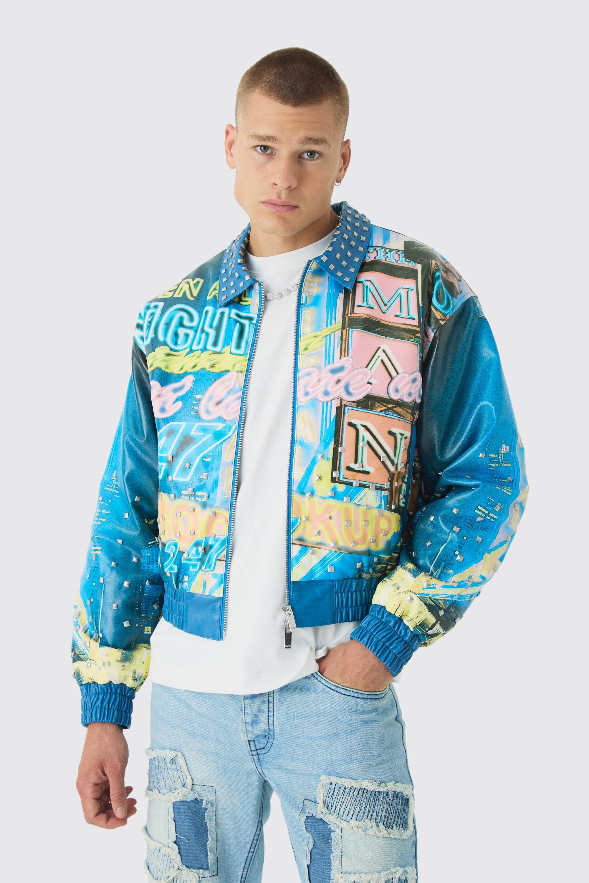 Boxy Stud Detail Printed Collared PU Bomber Jacket In Blue | boohooMAN USA product image