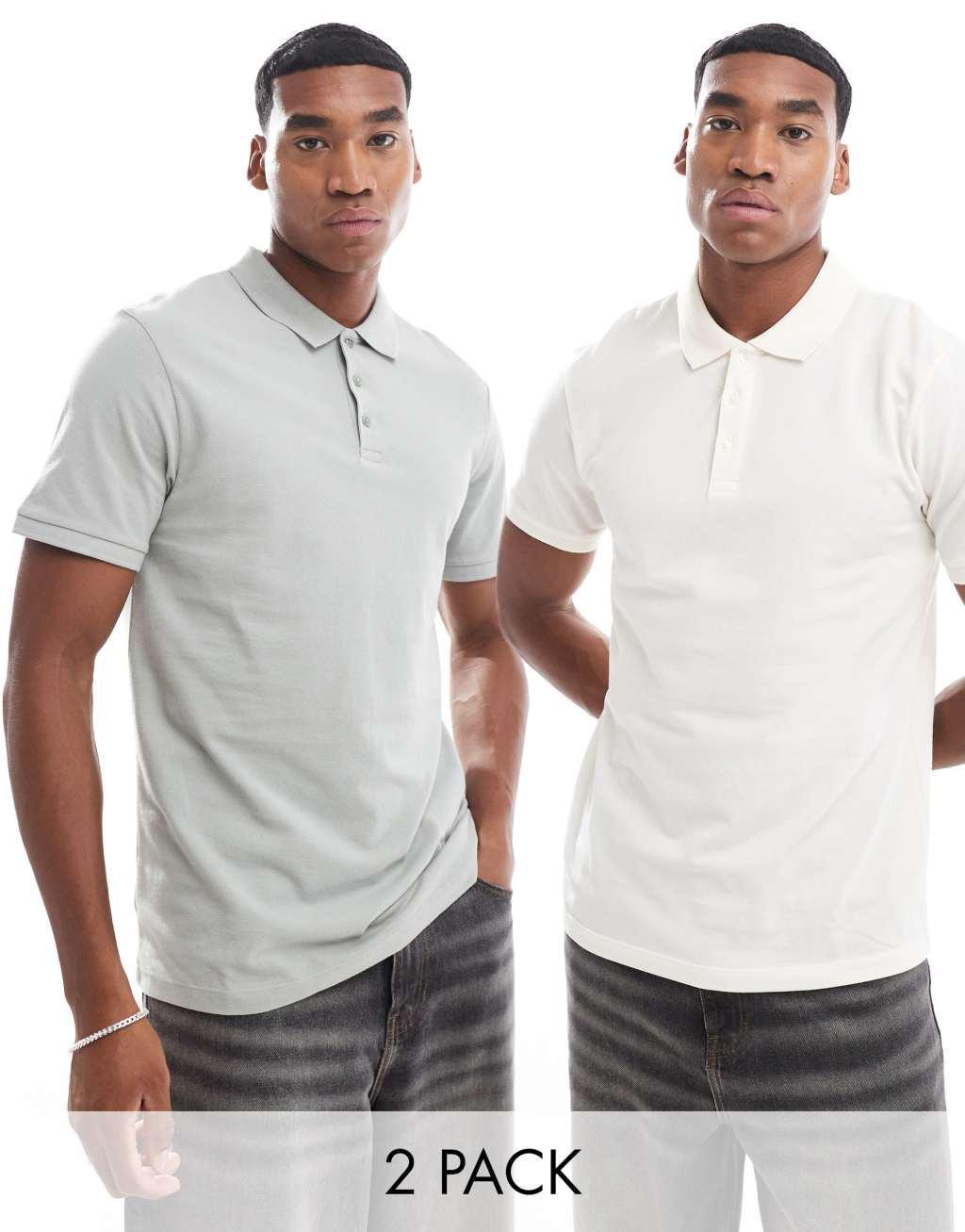 ASOS DESIGN 2 pack pique polos in washed green and cream Product Image