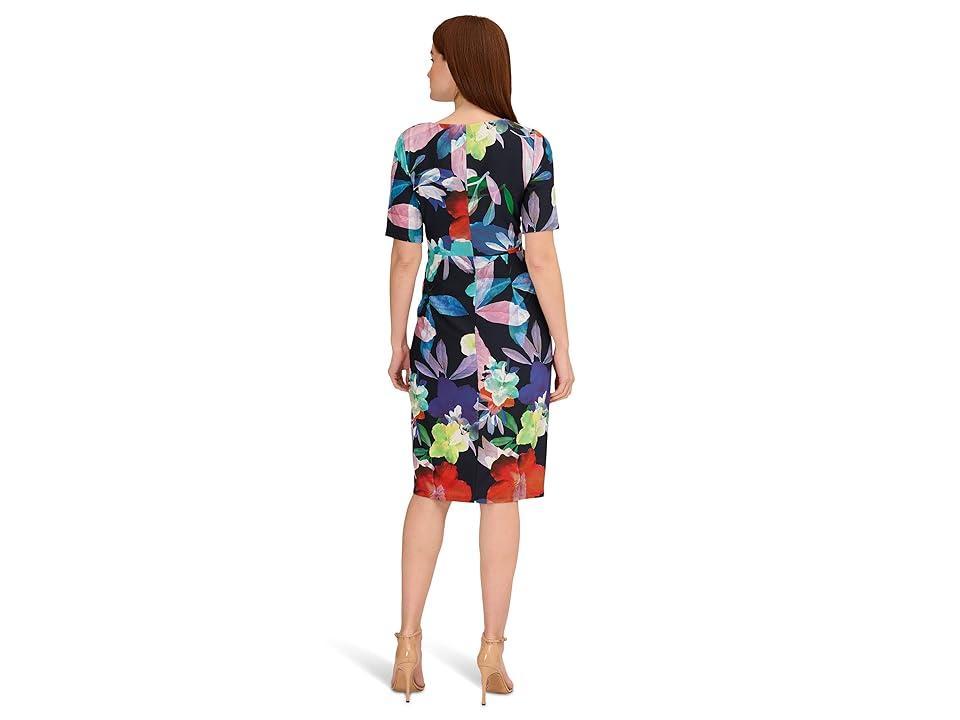 Adrianna Papell Printed Stretch Crepe Chiffon Short Sleeve Side Wrap Dress (Dark Multi) Women's Clothing Product Image