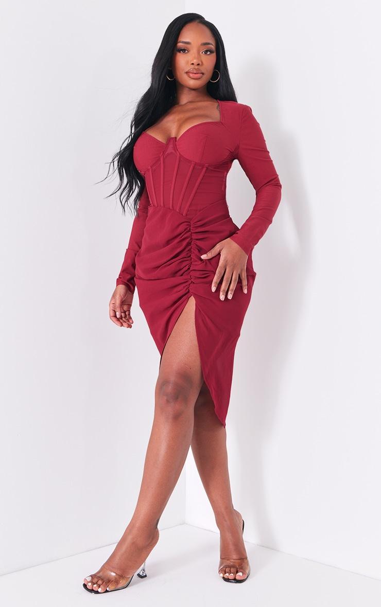 Shape Burgundy Corset Long Sleeve Ruched Midi Dress Product Image