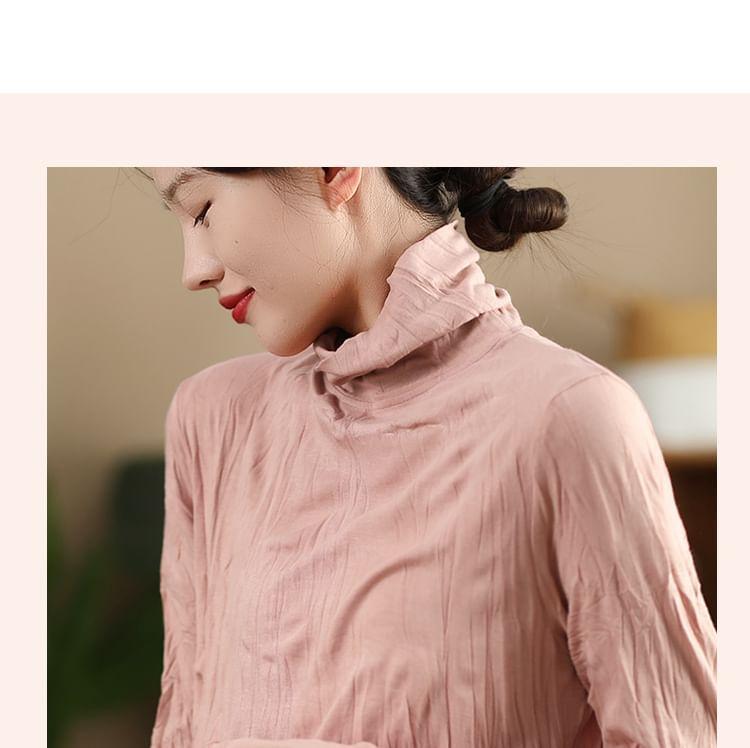 Long Sleeve Mock Neck Plain Crinkled Top Product Image