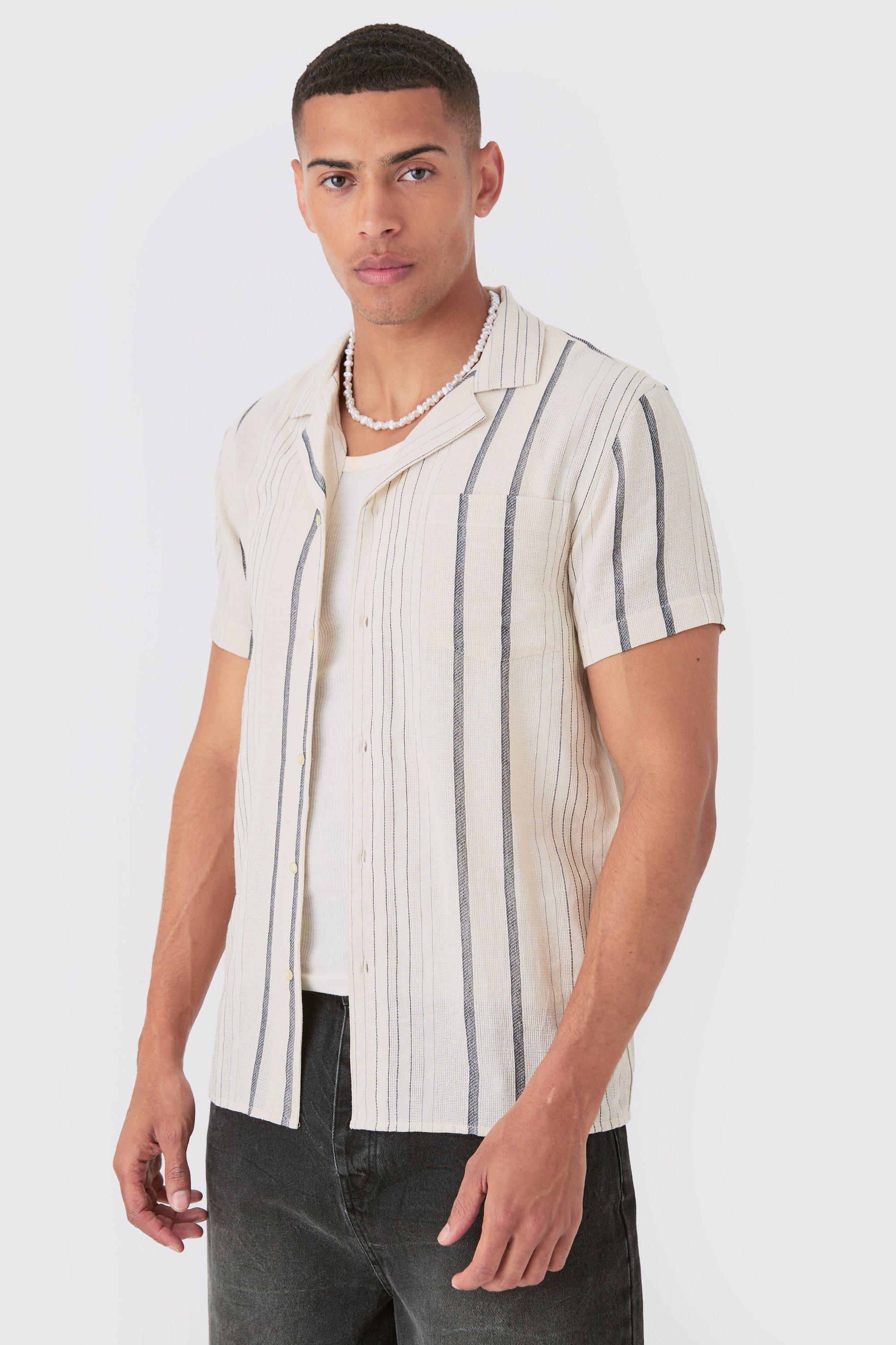 Short Sleeve Textured Multi Stripe Pocket Shirt | boohooMAN USA Product Image