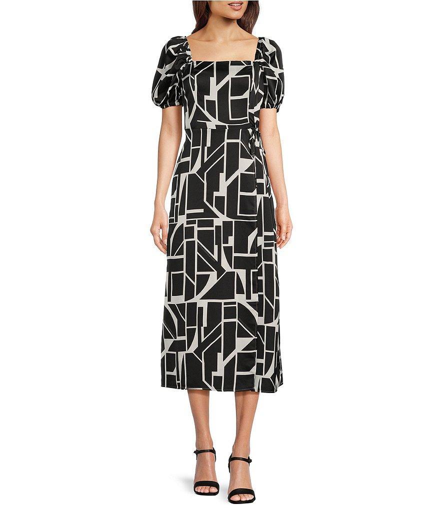 KARL LAGERFELD PARIS Square Neck Puff Short Sleeve Abstract Geo-print Midi Dress Product Image