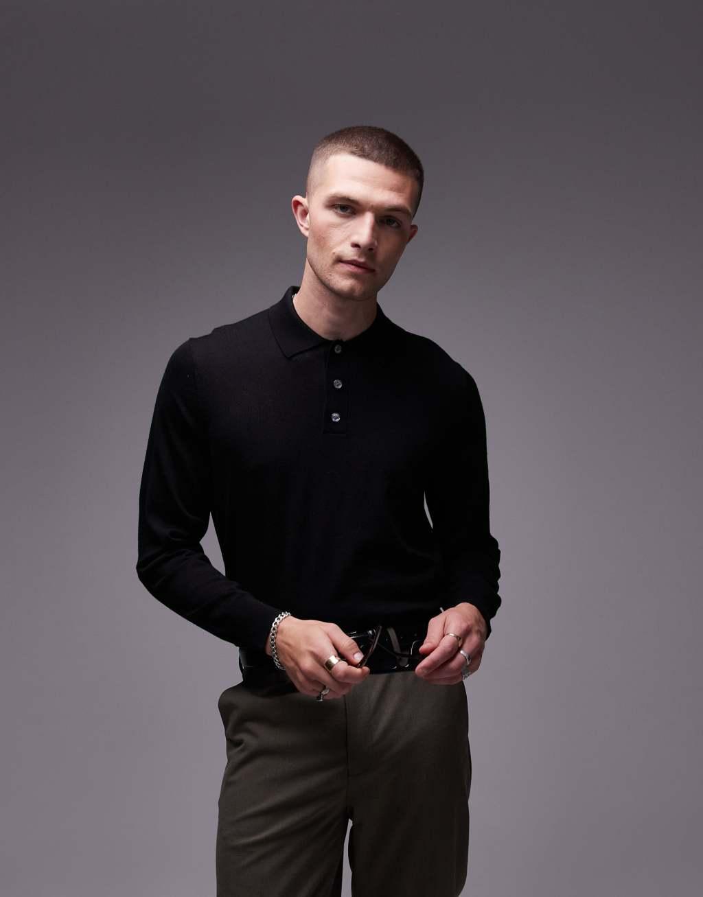 ARKET merino wool knit long sleeve polo shirt in black Product Image