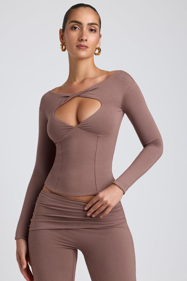 Modal Twist-Front Long-Sleeve Crop Top in Taupe Product Image