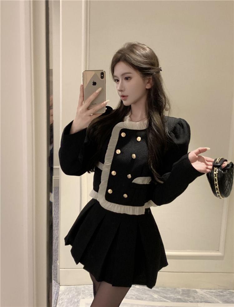 Round Neck Double Breasted Ruffle Trim Jacket / High Rise Plain Mini Pleated Skirt Product Image