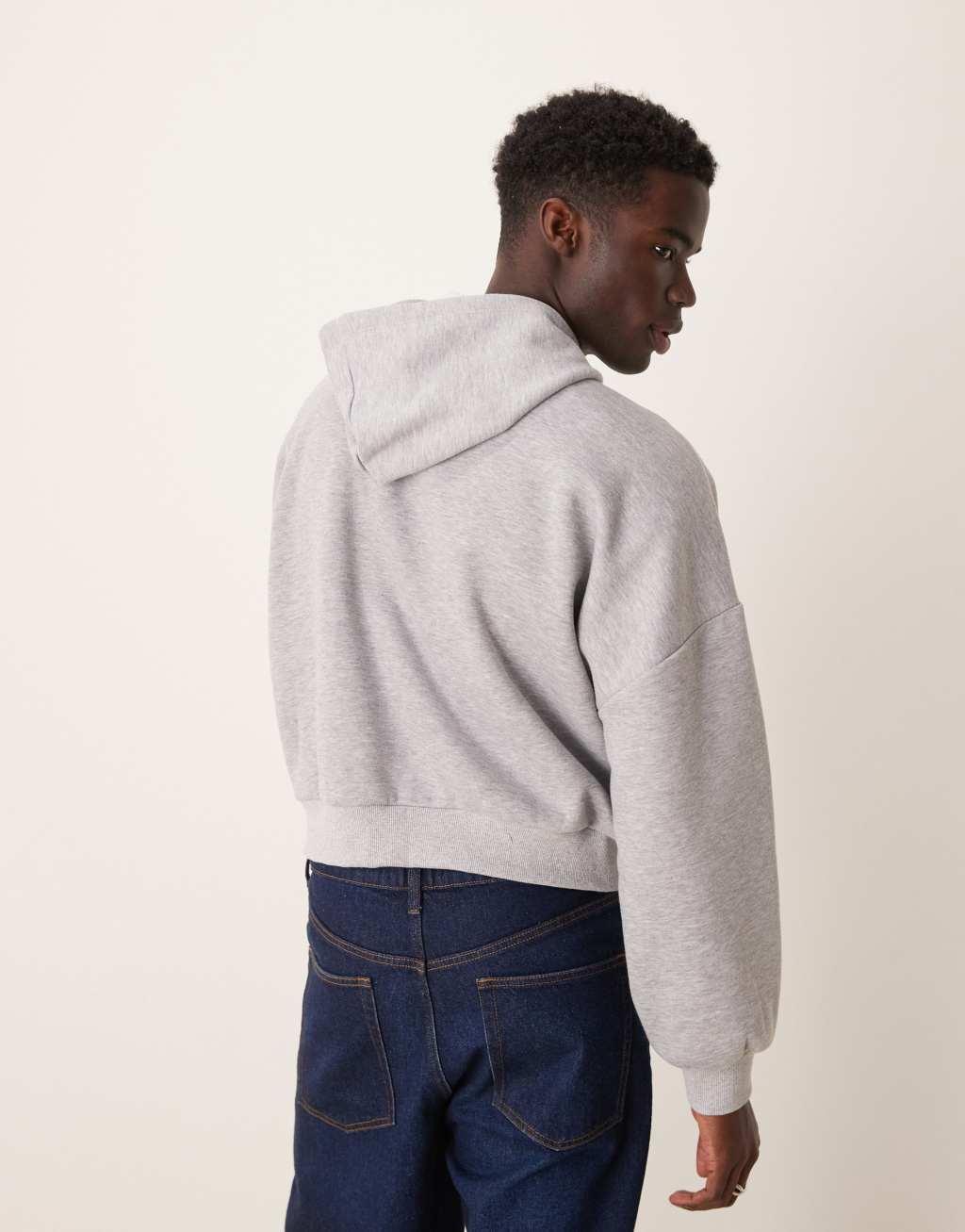 ASOS DESIGN oversized dropped shoulder cropped hoodie in gray with chest print Product Image