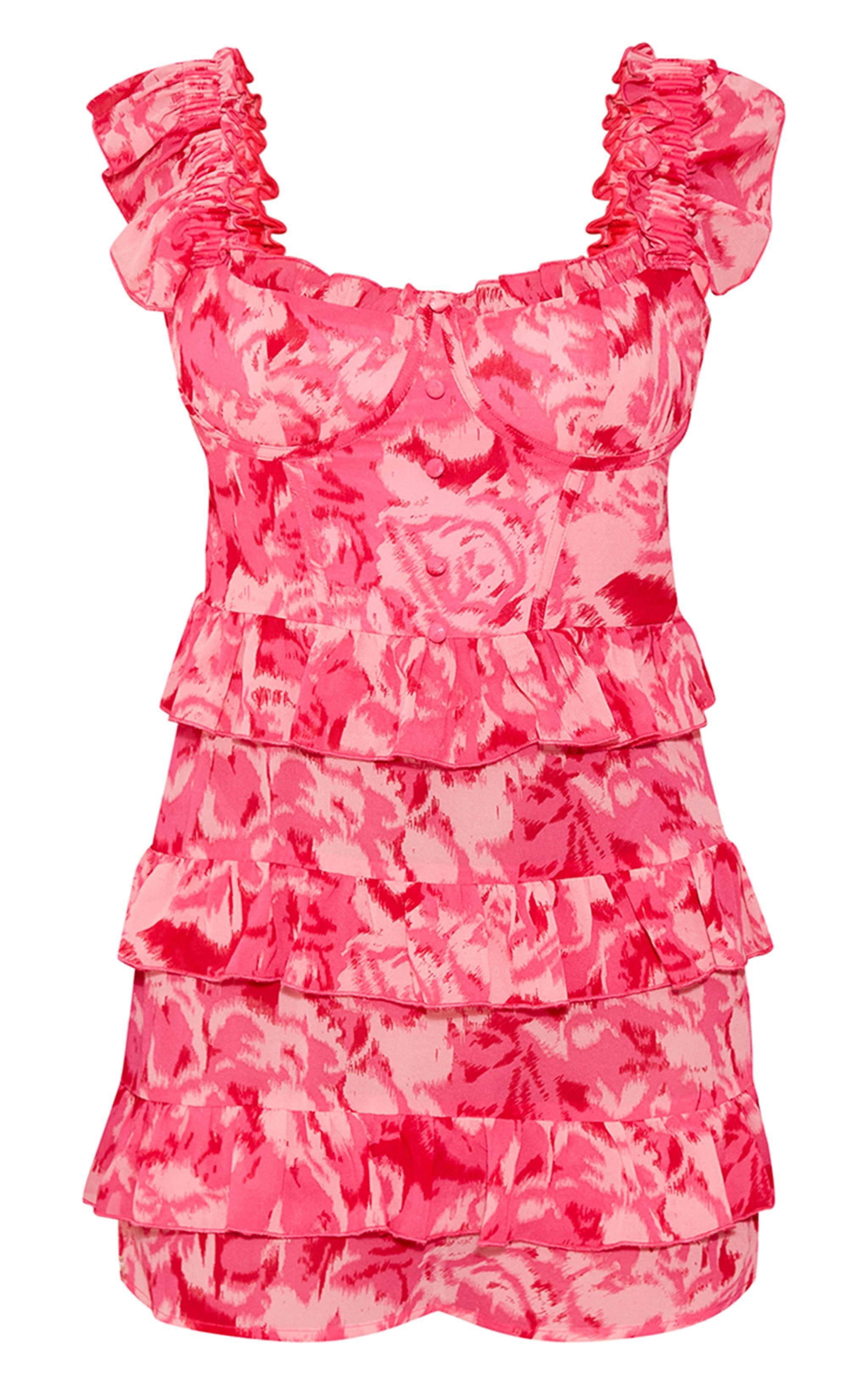 Petite Pink Print Ruffle Detail Mini Dress Product Image