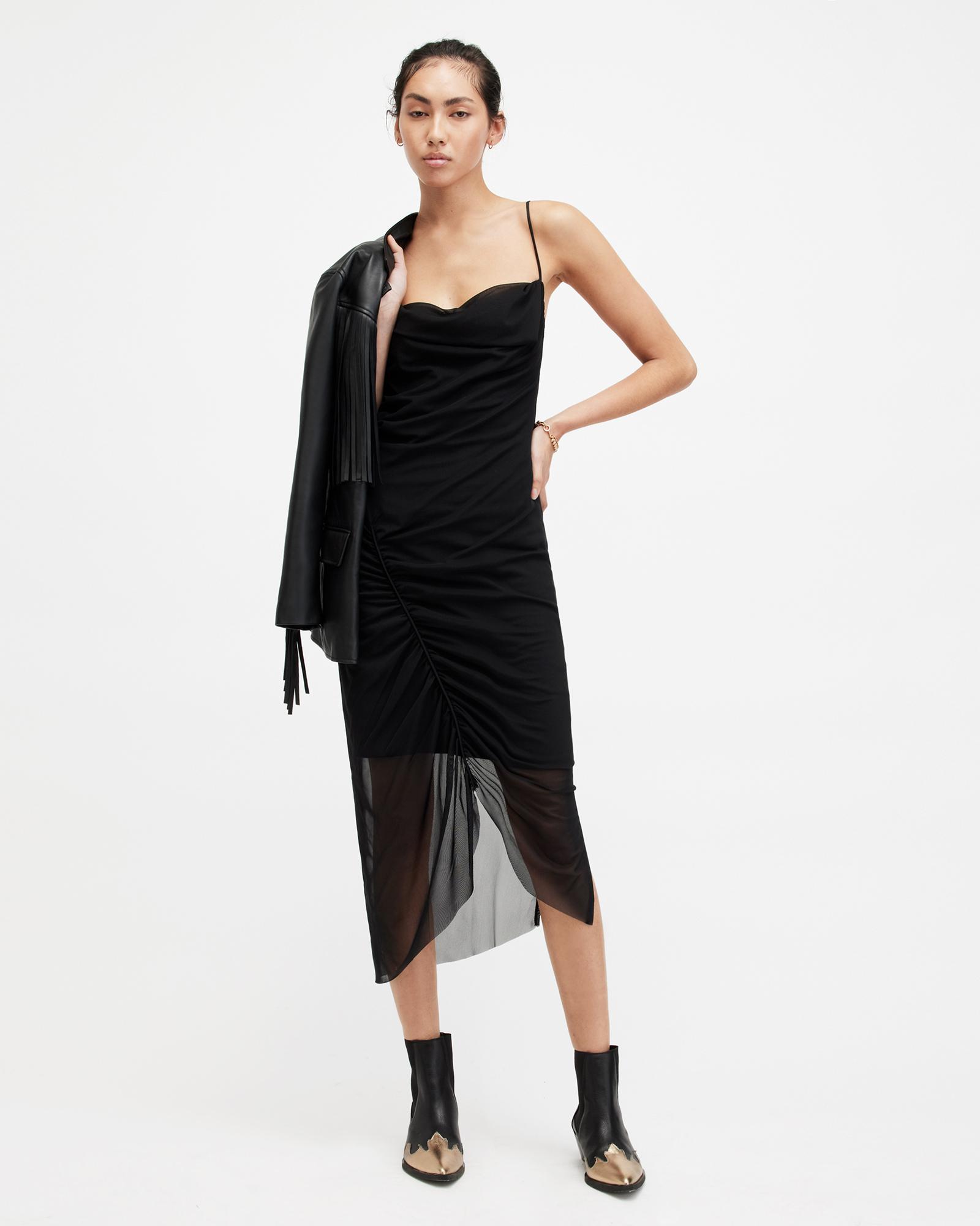 Ulla Mesh Draped Slim Fit Midi Dress Product Image