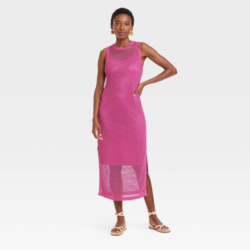 Womens Openwork Midi Tank Dress - A New Day Pink L Product Image