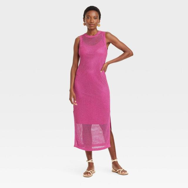 Womens Openwork Midi Tank Dress - A New Day Pink L Product Image