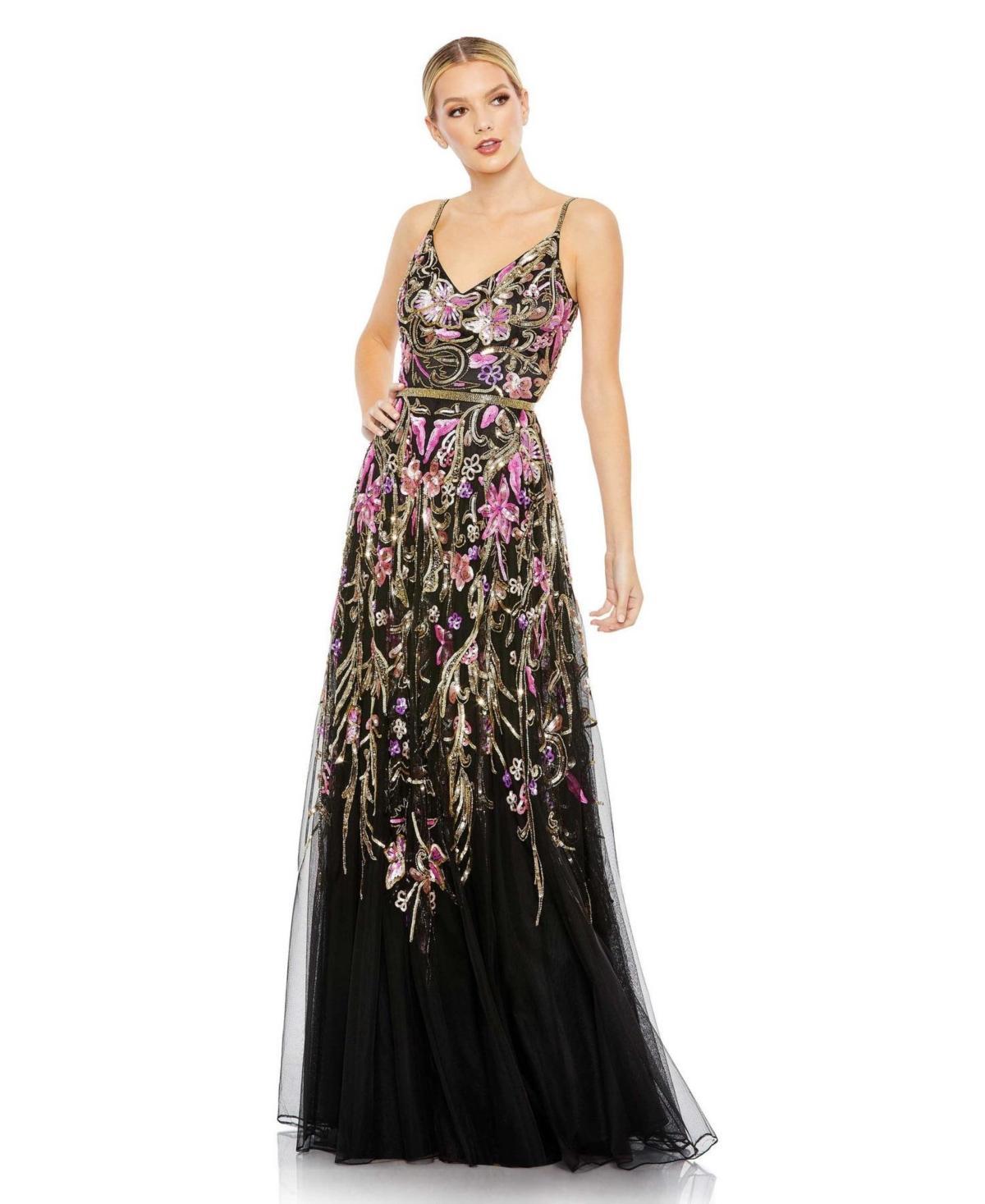 Womens V Neck Floral Embellished Spaghetti Strap Gown Product Image