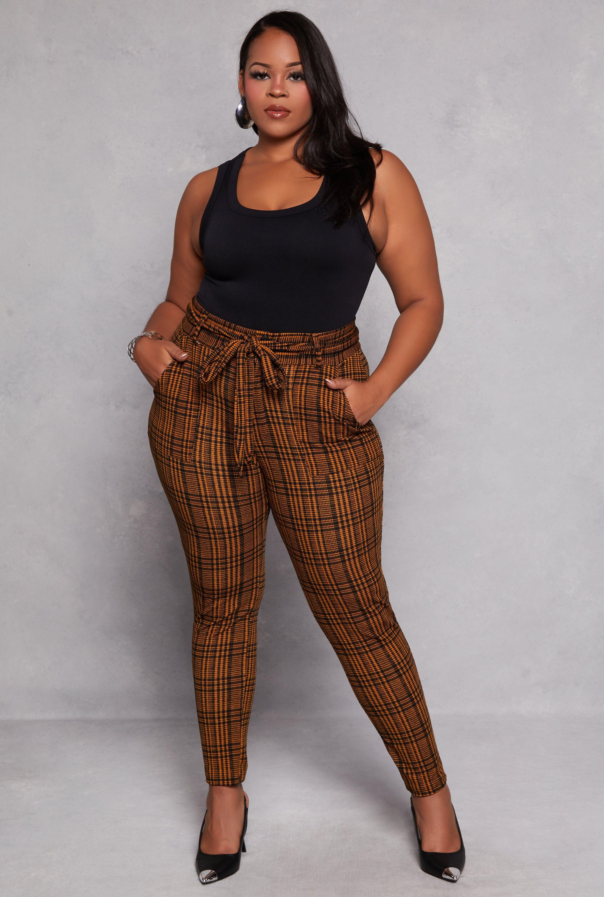 Womens Plus Size Plaid Tie Waist Belted Dress Pants Product Image