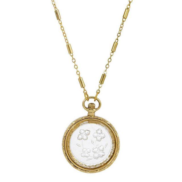 1928 Gold Tone Antiqued Clear Glass Floral Intaglio Necklace, Womens Product Image