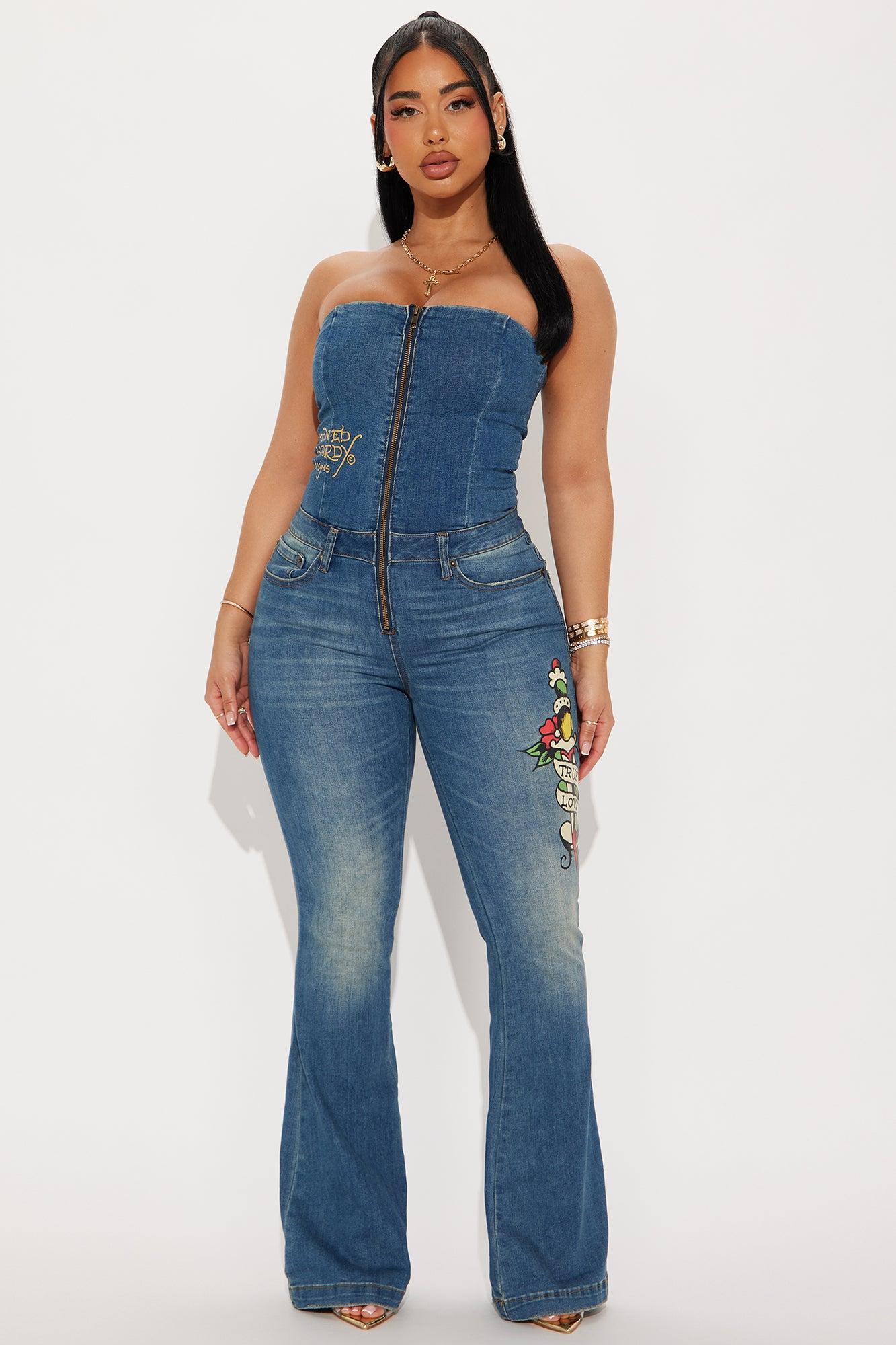 Ed Hardy True Love Denim Jumpsuit - Medium Wash Product Image