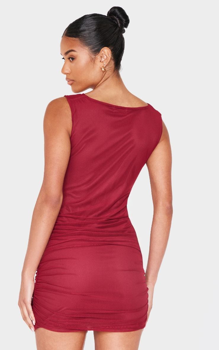 Burgundy Mesh Plunge Knot Detail Mini Dress Product Image