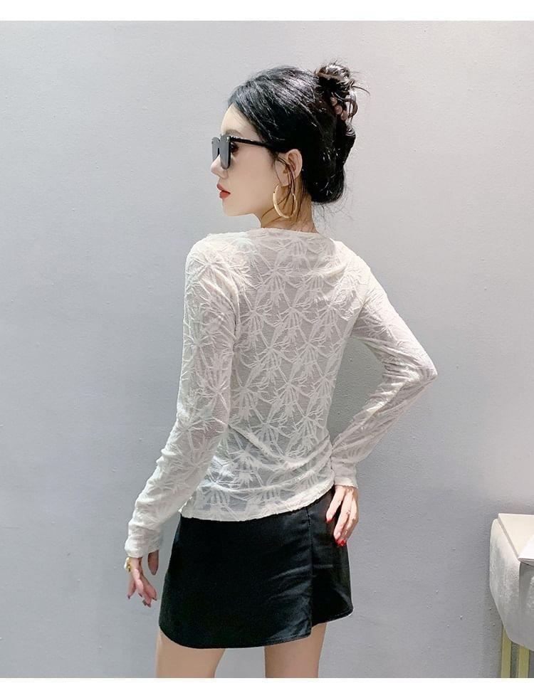 Long-Sleeve V-Neck Knotted Lace Top Product Image