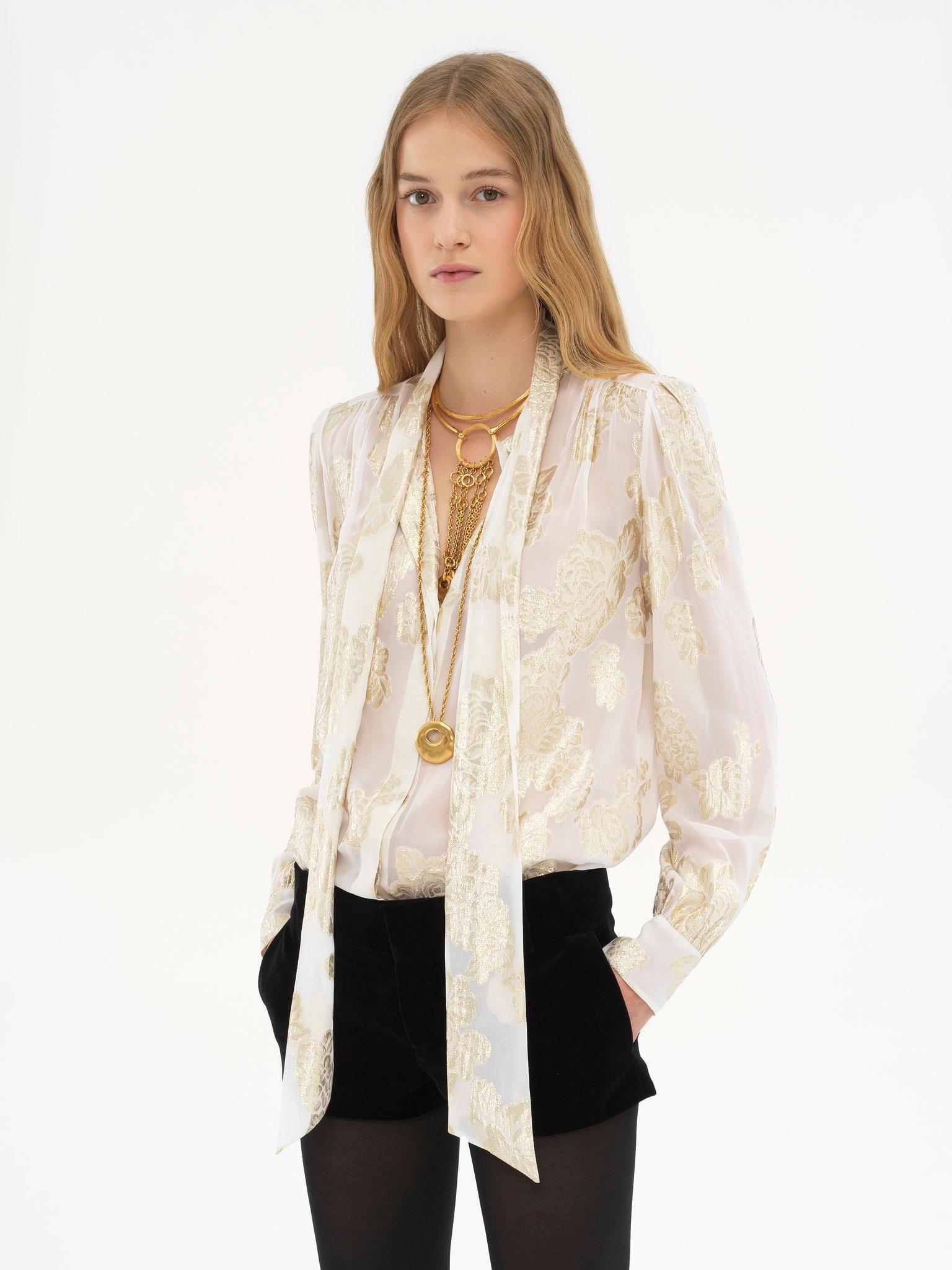 Gathered lavallière blouse in silk jacquard & lurex Product Image