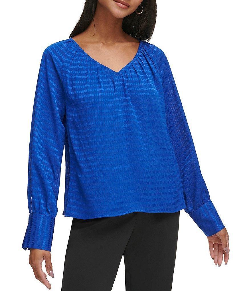 Calvin Klein Womens Long Sleeve Textured V-Neck Blouse Product Image