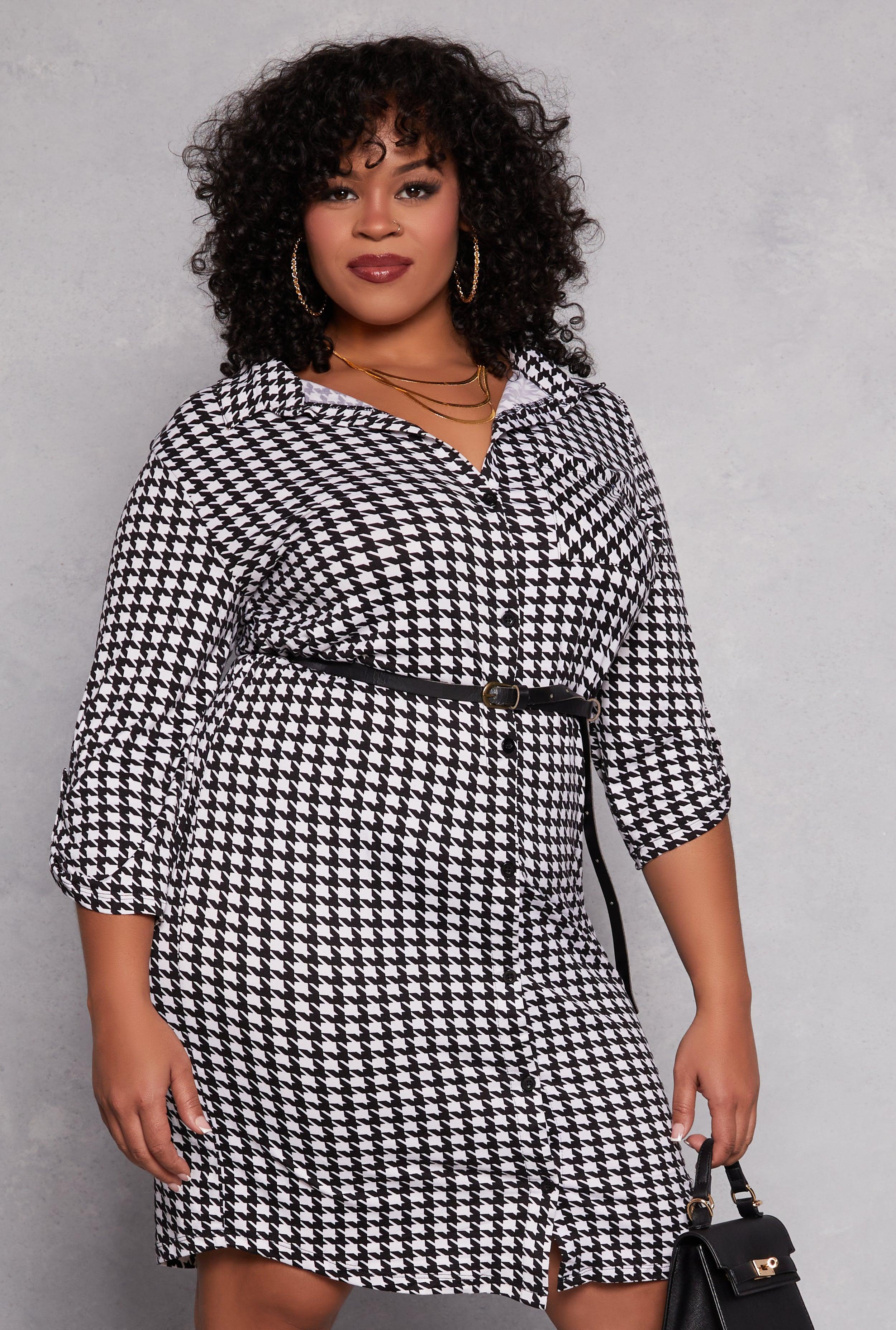 Womens Plus Size Houndstooth Belted Shirt Dress Product Image