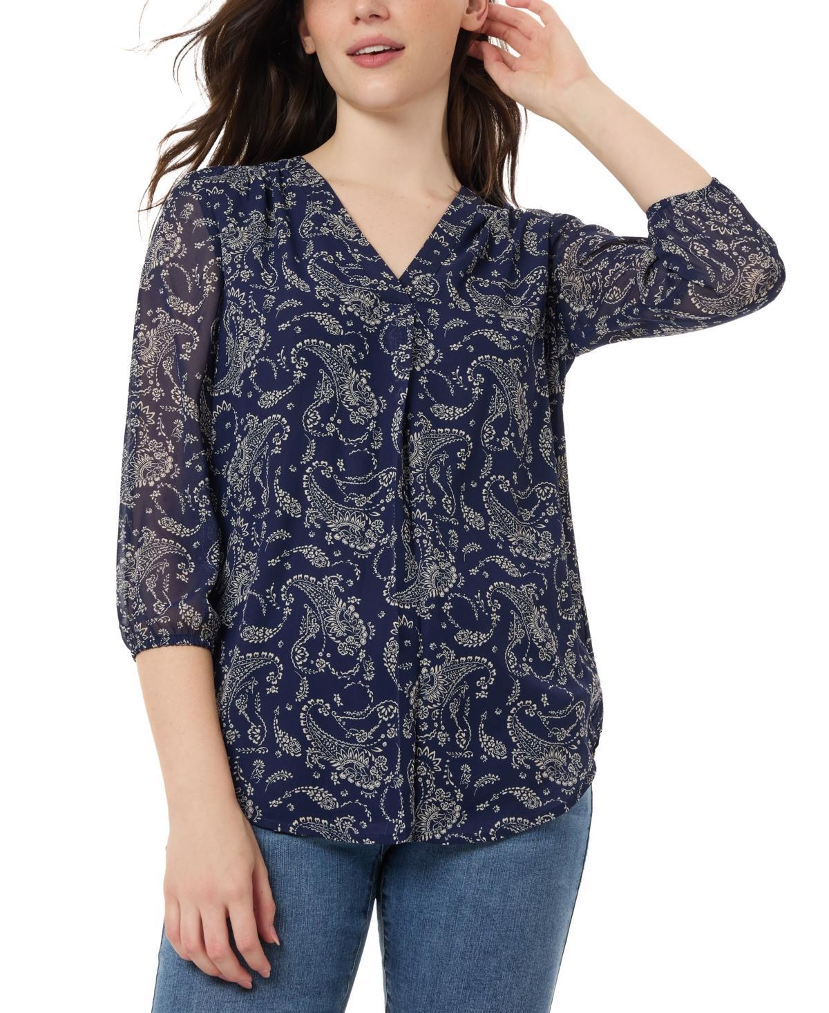 Jones New York Womens Kelly Printed Sheer-Sleeve Pleated Blouse product image