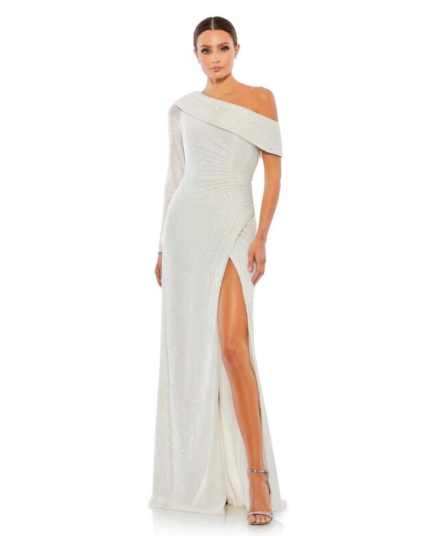 Mac Duggal Asymmetric One Shoulder Long Sleeve Thigh High Slit Ruched Sequin Gown -  14 Product Image