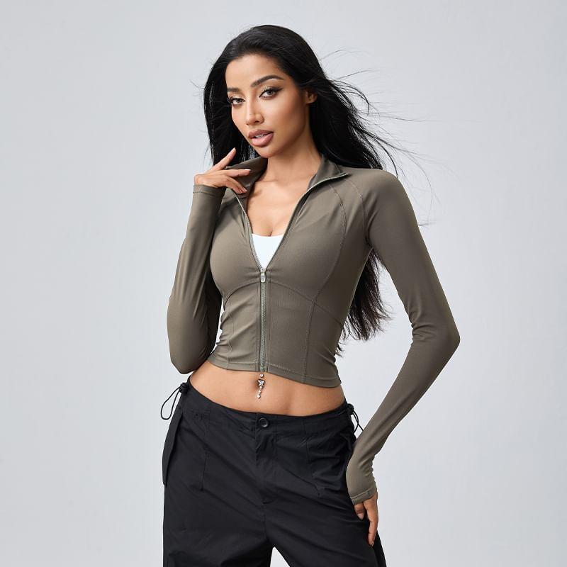 Stand Collar Plain Panel Zip Yoga Jacket Product Image