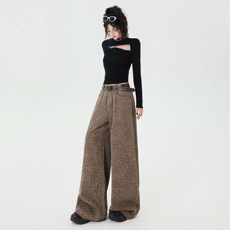 Low Waist Leopard Print Wide Leg Jeans (Various Designs) Product Image