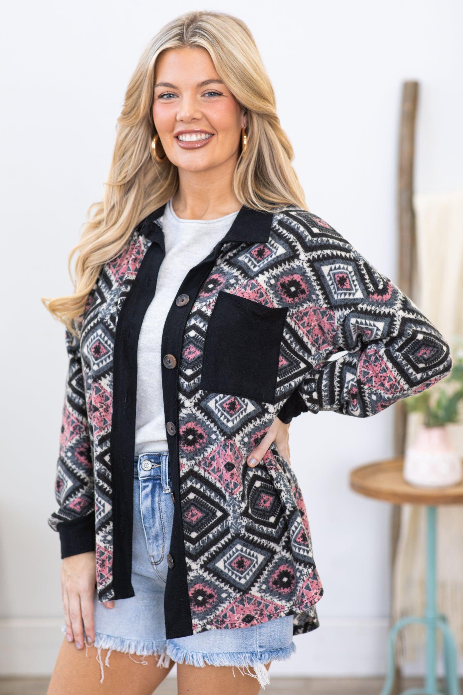 Black and Pink Aztec Print Knit Shacket Product Image