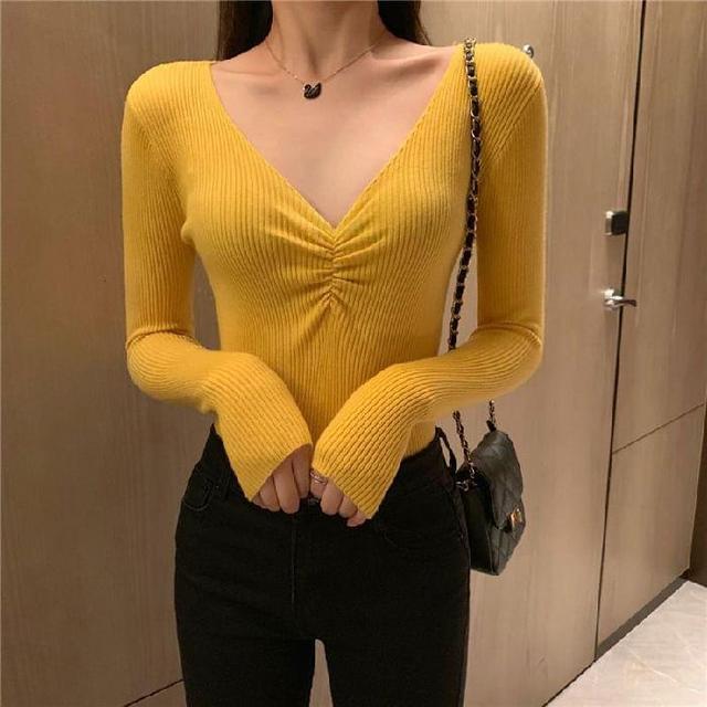 V-Neck Long Sleeve Plain Ribbed Knitted Top Product Image