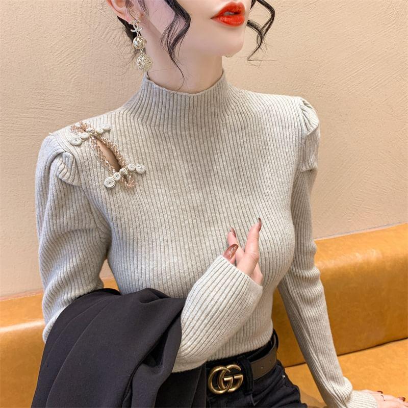 Mock Neck Beaded Cutout Frog Closure Ribbed Sweater Product Image