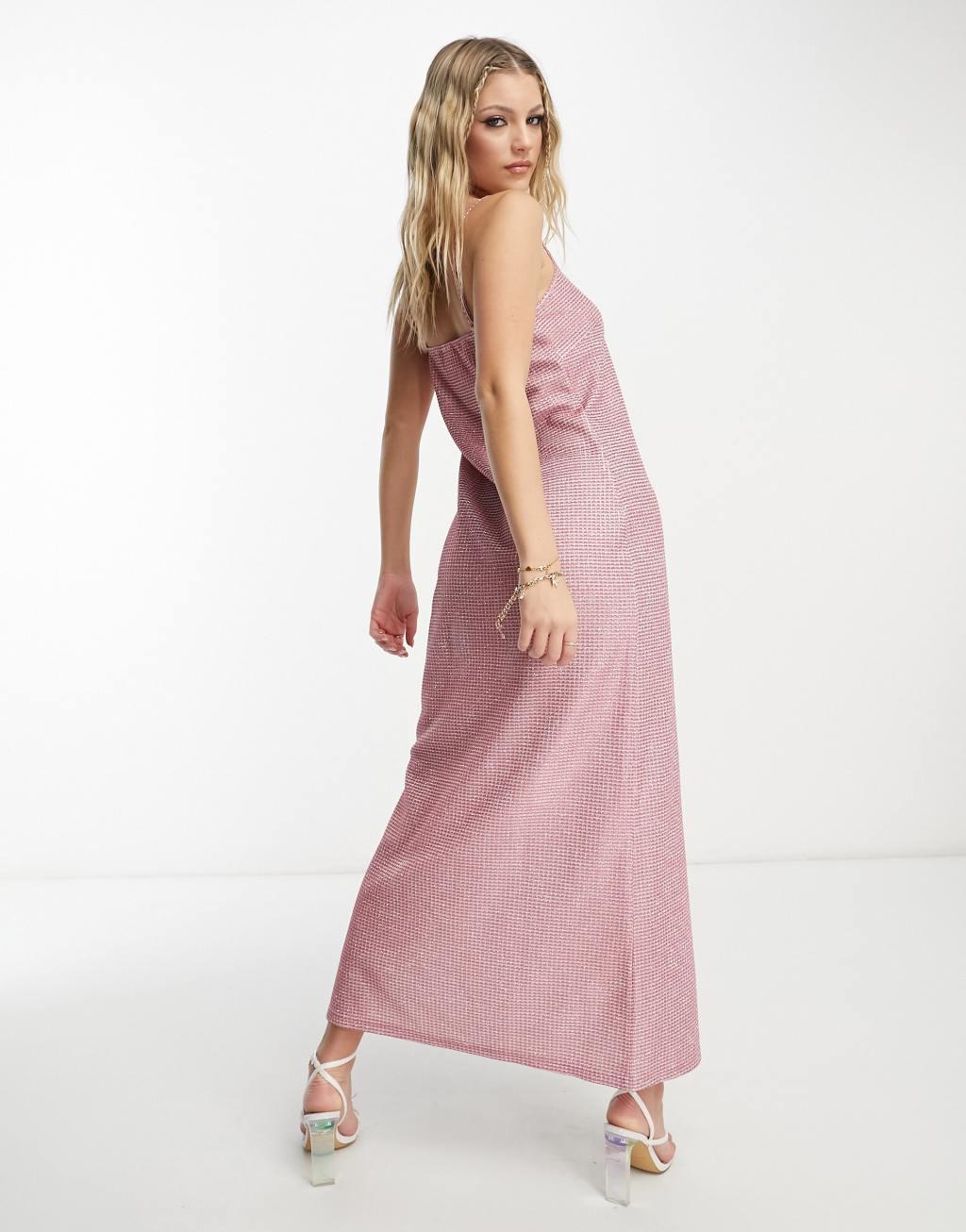 Pieces Premium maxi cami split dress in pink glitter Product Image