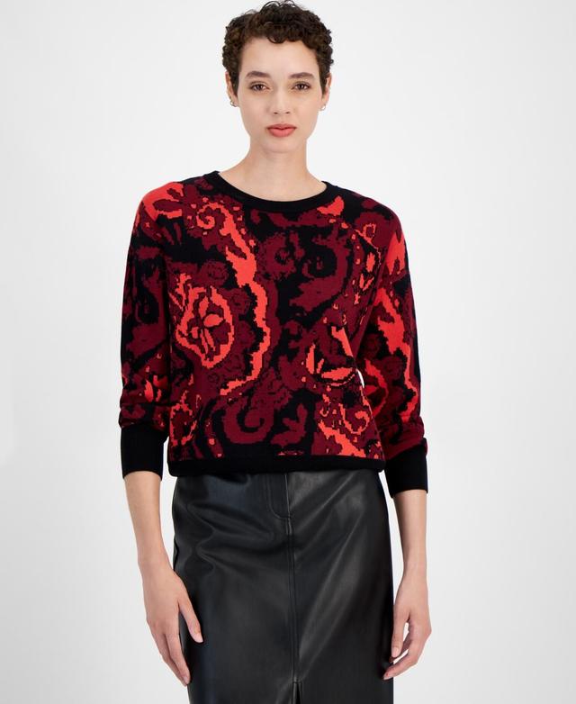 T Tahari Womens Paisley-Print Crewneck Long-Sleeve Sweater Product Image