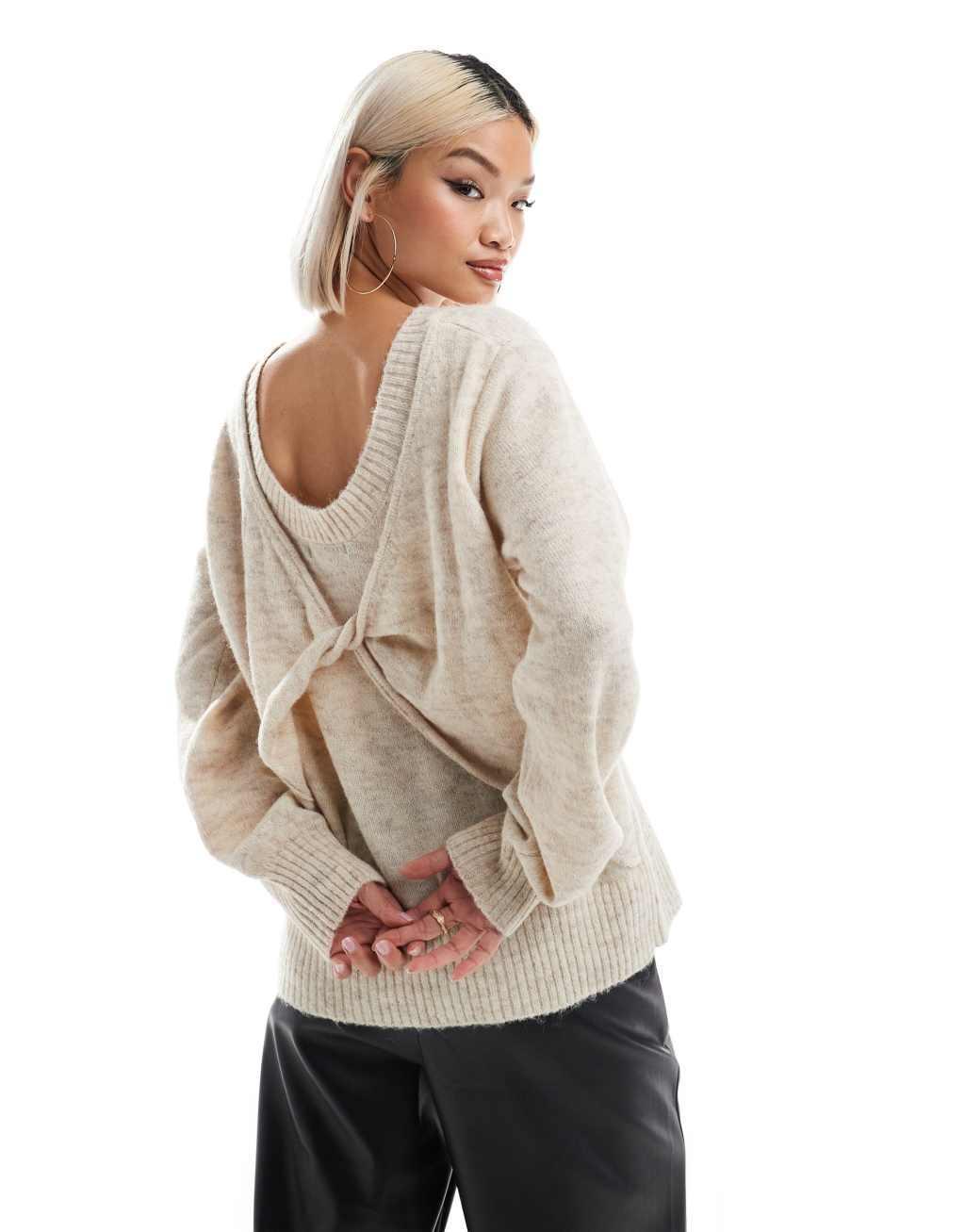 French Connection knitted sweater with twist back detail in taupe melange  product image